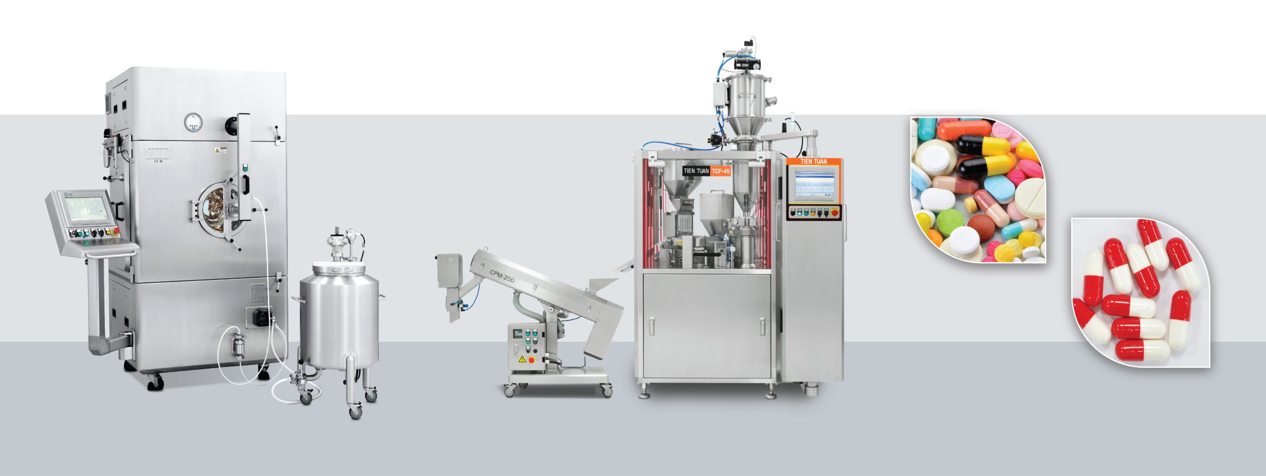 Coatingmachine-TCS-5-20-&-Capsule-filling-machine-TCF-45-&-Capsule-Polisher-CPM-200